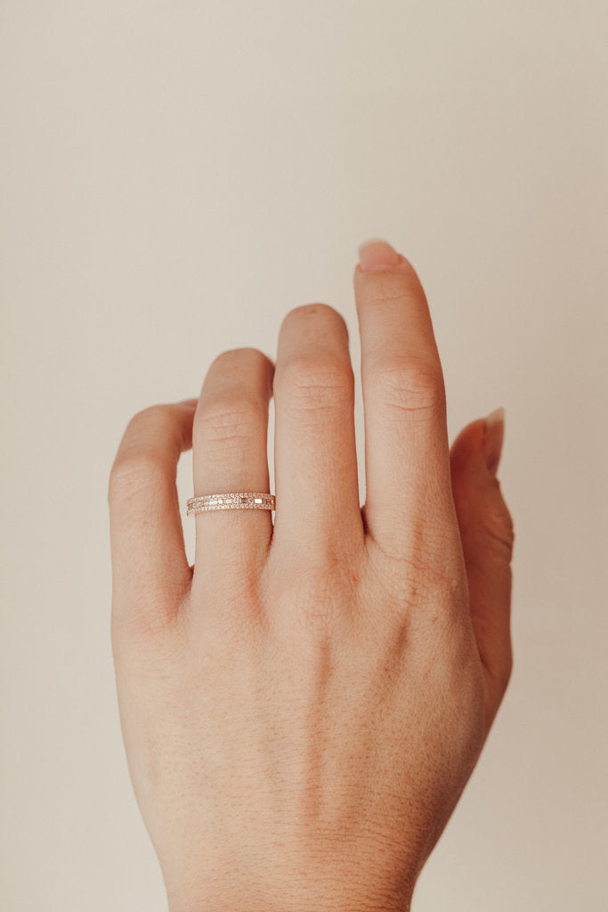 Solid Gold Diamond Band Alternating Horizontal Baguette and Round Pave