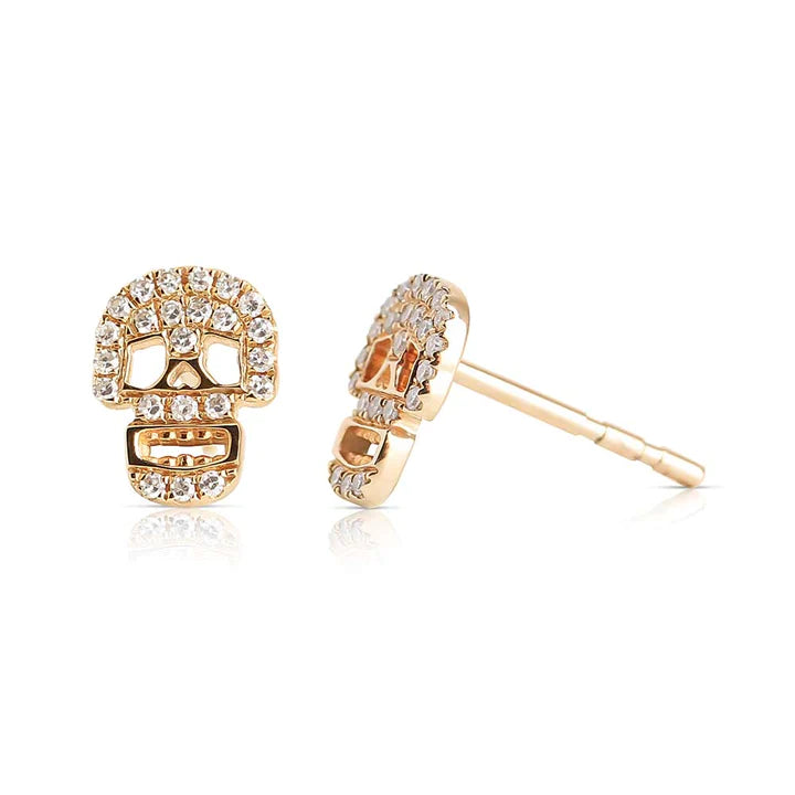 Solid Gold White Diamond Skull Earrings