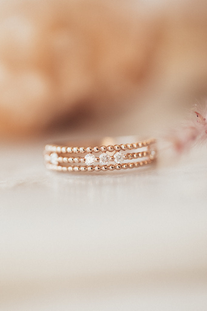 Solid Gold Three Beaded Diamond Band