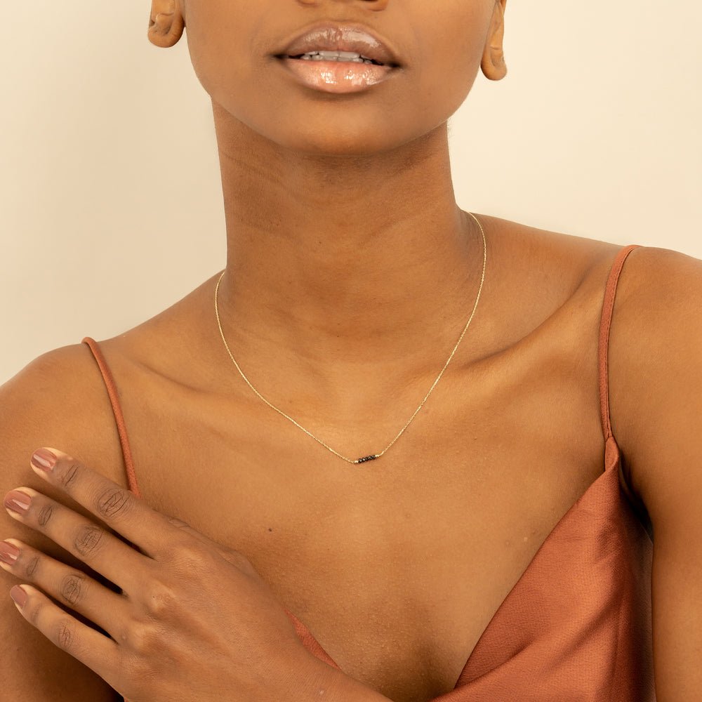 Solid Gold Black Diamond Beaded Bar Necklace (FD0529)