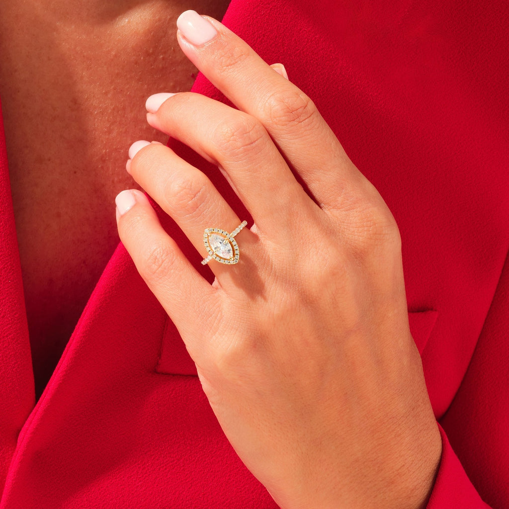 Solid Gold Pear Cut Halo Ring 3 ct Lab Grown Diamond Engagement Ring