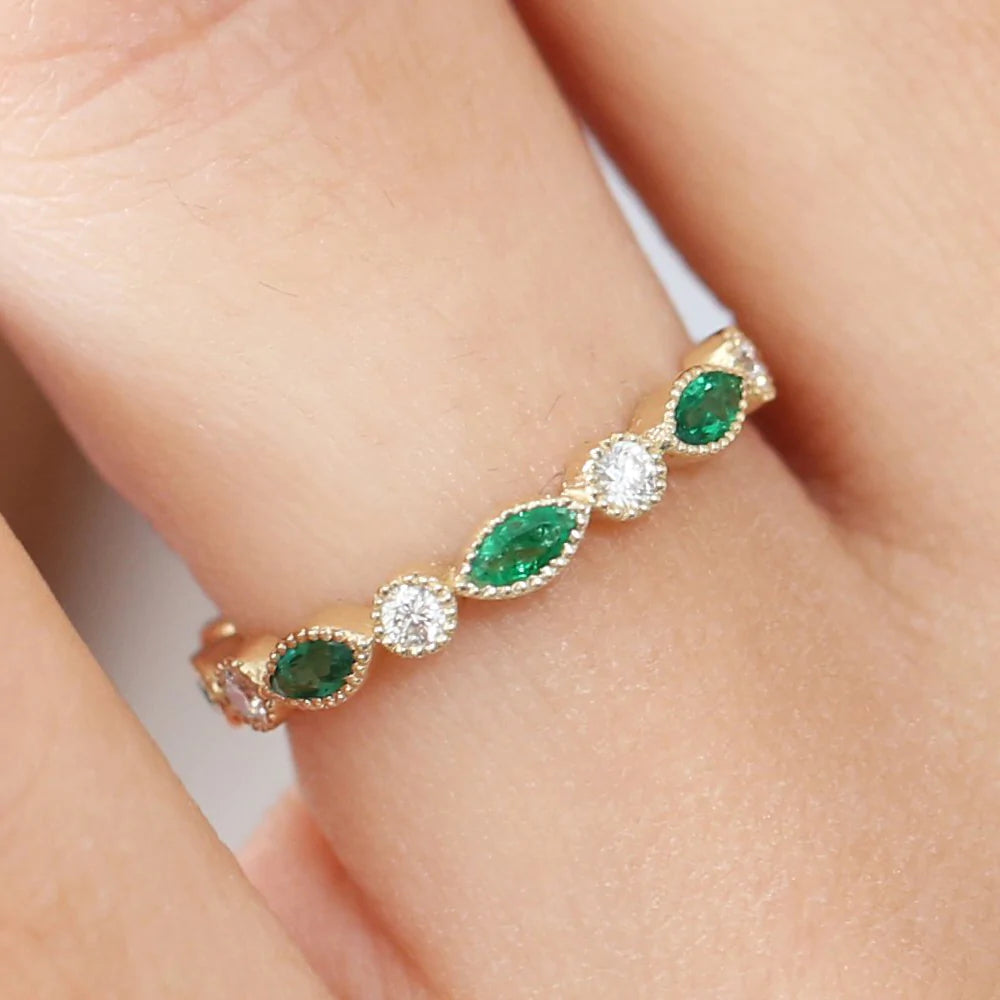 Marquise Emerald and Moissanite Wedding Band, photo 8