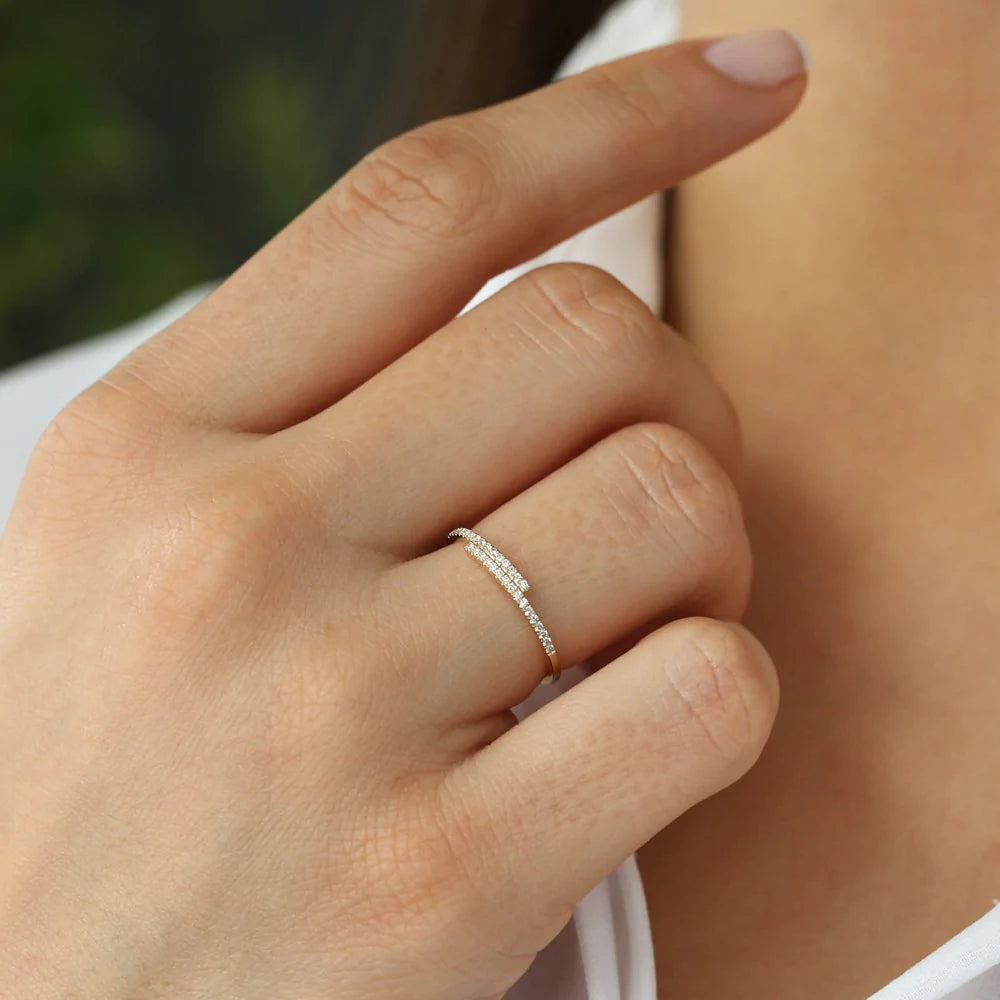 Solid Gold Cross Over Diamond Stackable Ring