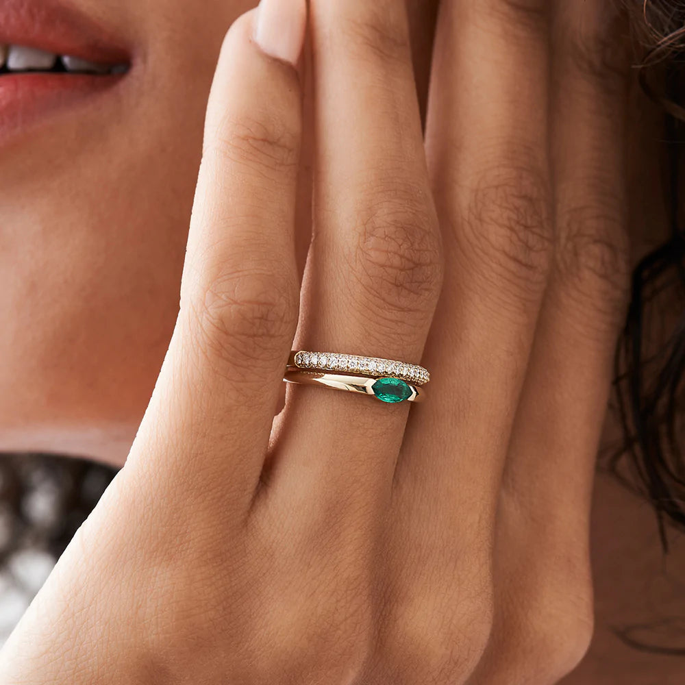 Solid Gold Horizontal Marquise Shape Natural Emerald Ring
