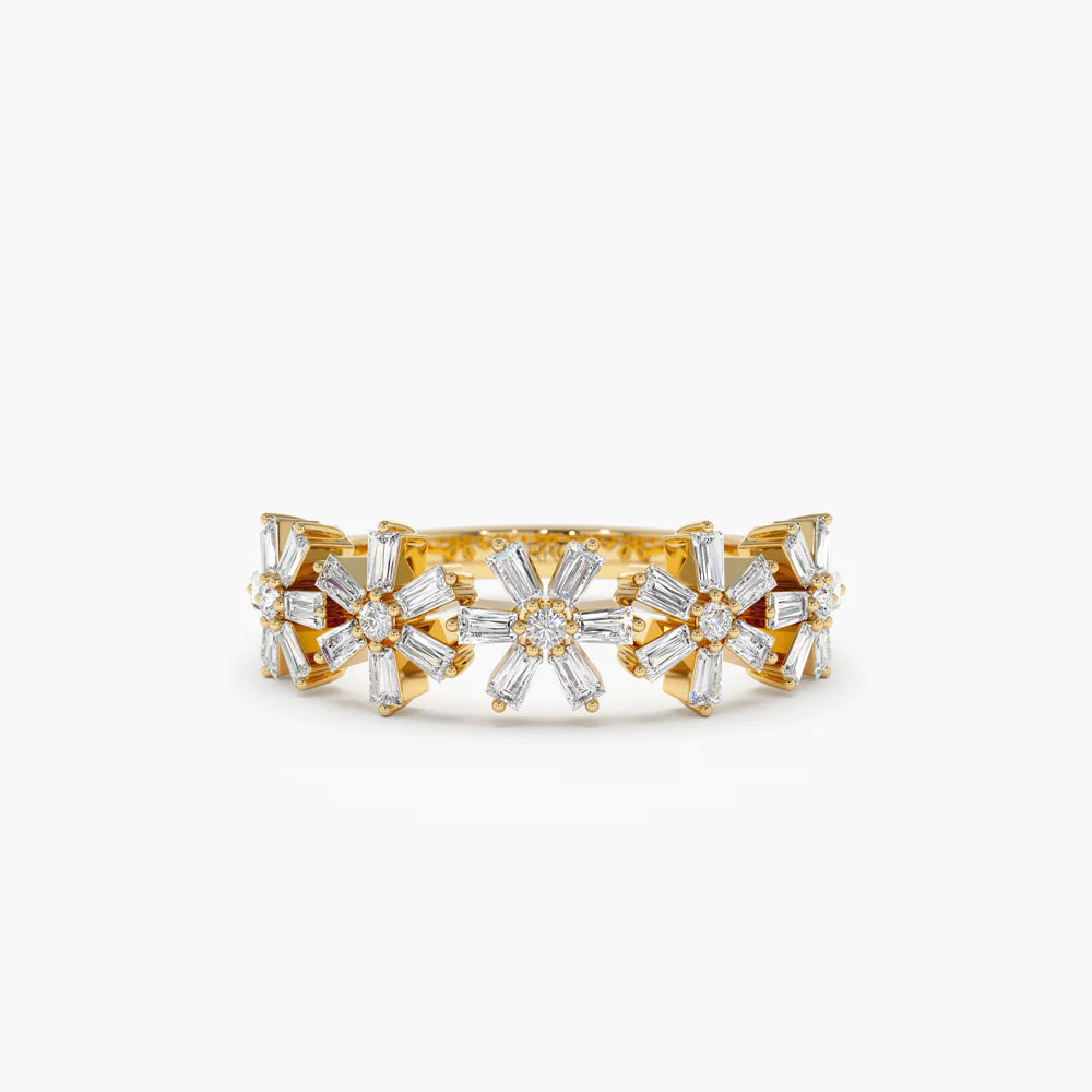 Solid Gold Baguette Diamond Multi Flower Design Ring