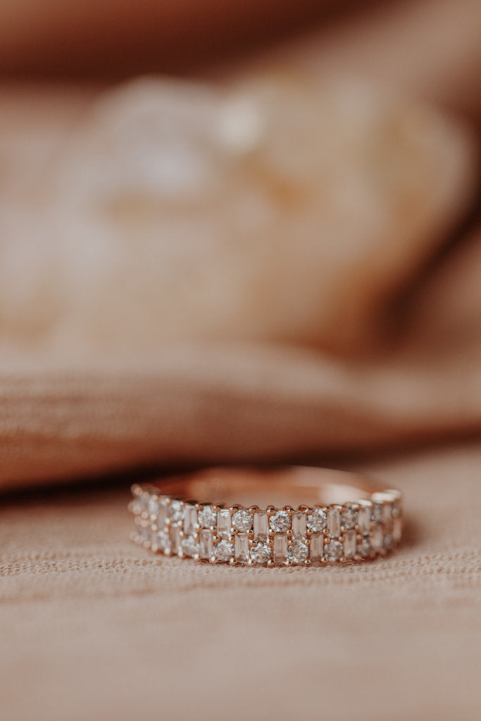 Solid Gold Double Row Baguette and Round Diamond Band