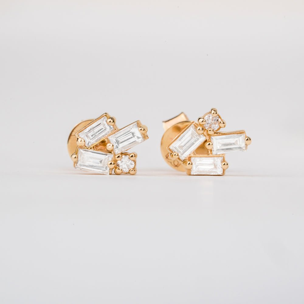 Solid Gold Baguette Diamond Cluster Studs