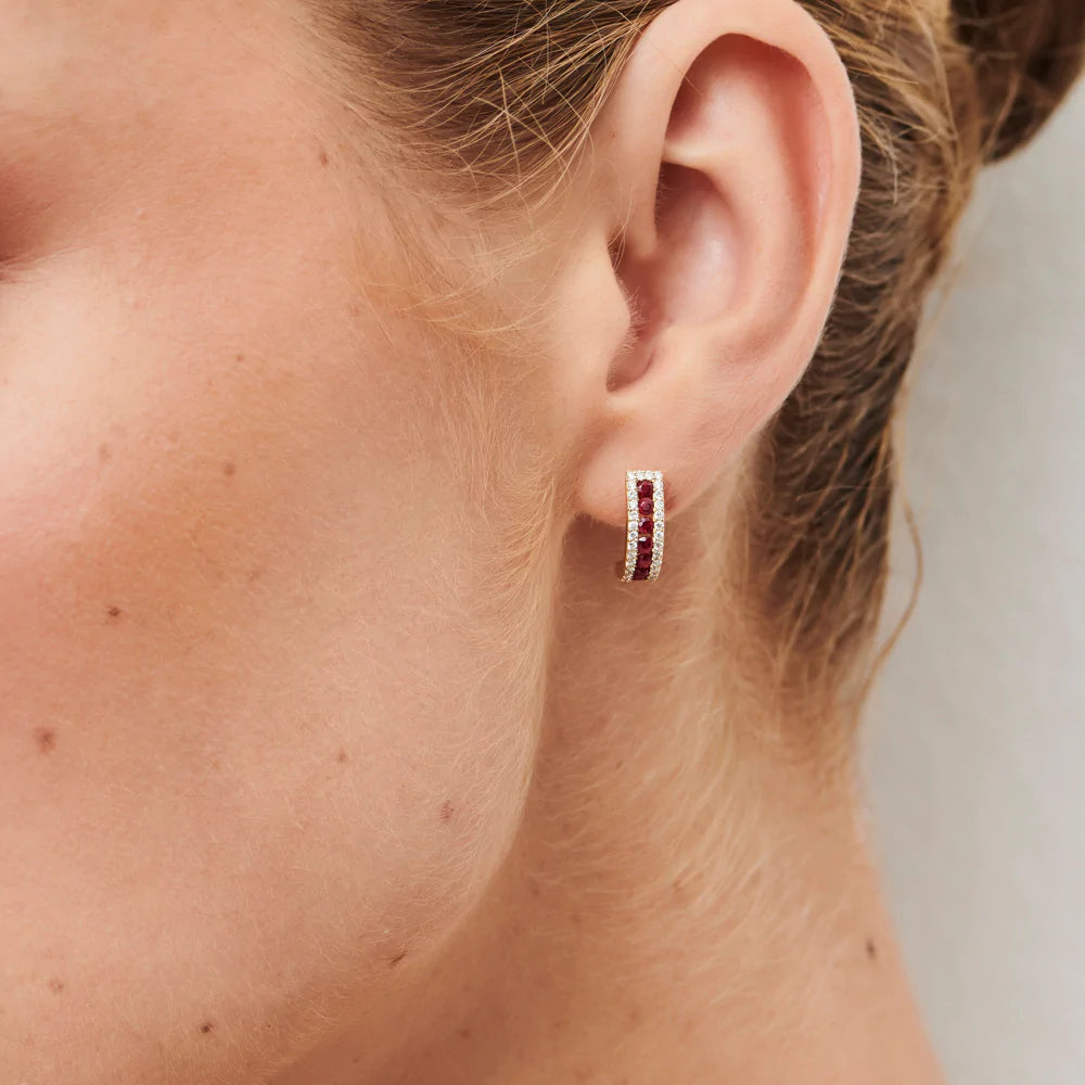 Solid Gold Ruby and Round Diamond Hoop Earrings