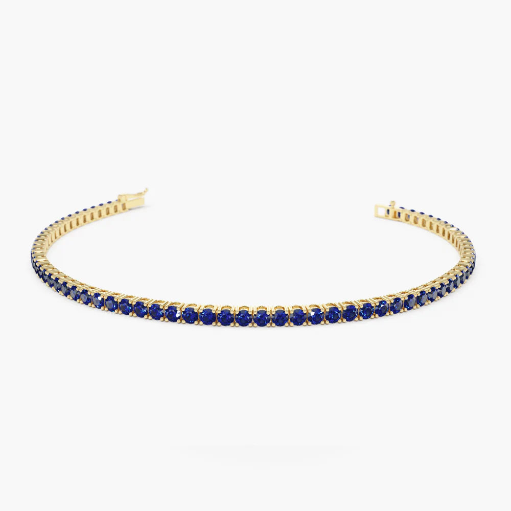 Solid Gold Yellow Gold Prong-Set Blue Sapphire Tennis Bracelet⁠