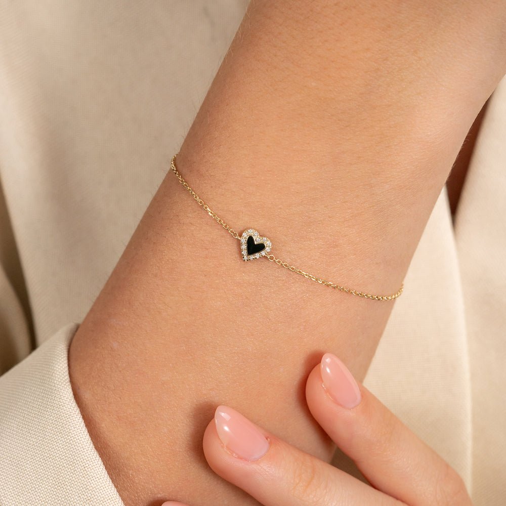 Solid Gold Black Enamel Heart Diamond Bracelet
