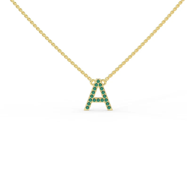 Solid Gold Natural Emerald Initial Necklace