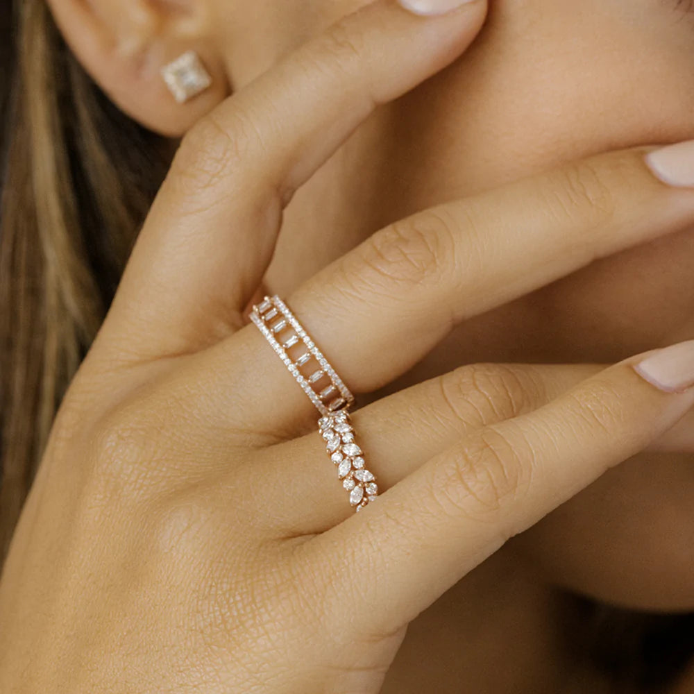 Solid Gold Two Row Marquise & Round Diamond Ring