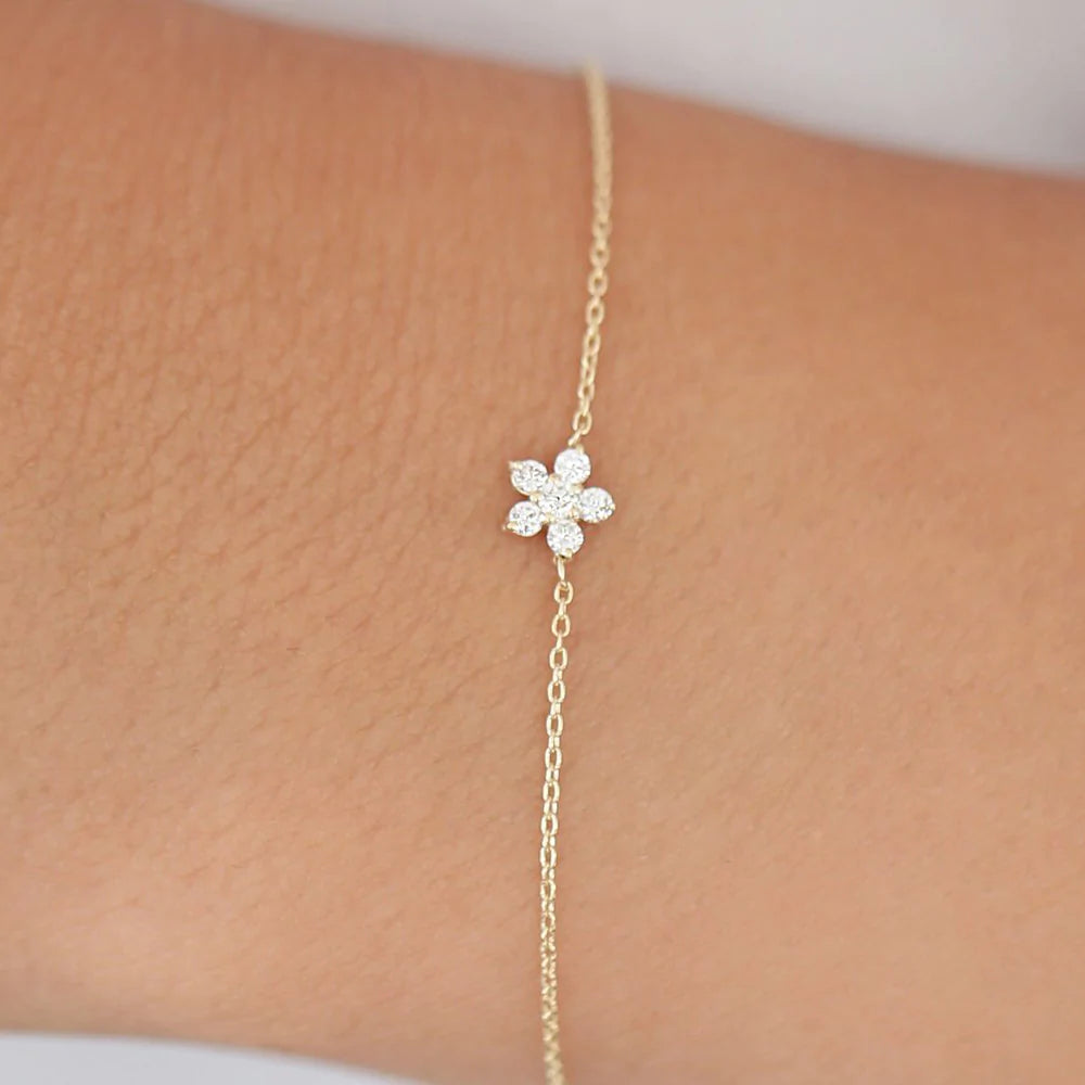 Solid Gold Diamond Flower Charm Bracelet