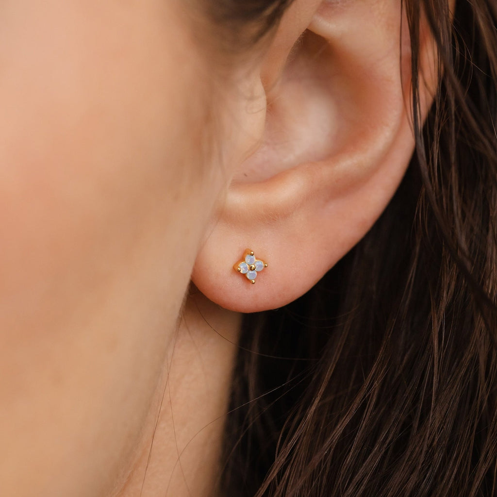 Solid Gold Light Opal Flower Stud Earring