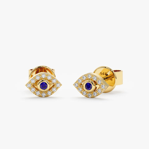 Solid Gold Mini Diamond Sapphire Evil Eye Studs