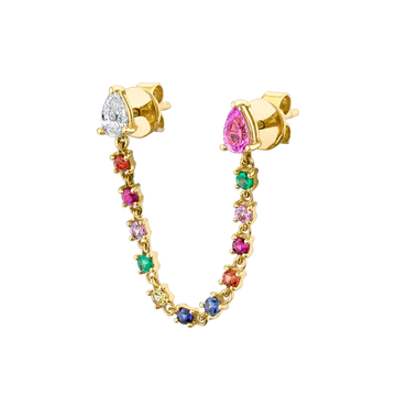 Solid Gold Loop Earring With Pink Sapphire And Diamond Pear Studs