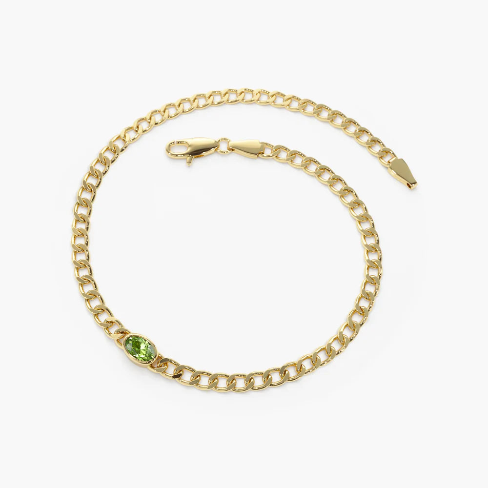 Solid Gold Cuban Link Bracelet Bezel Setting Peridot Bangles