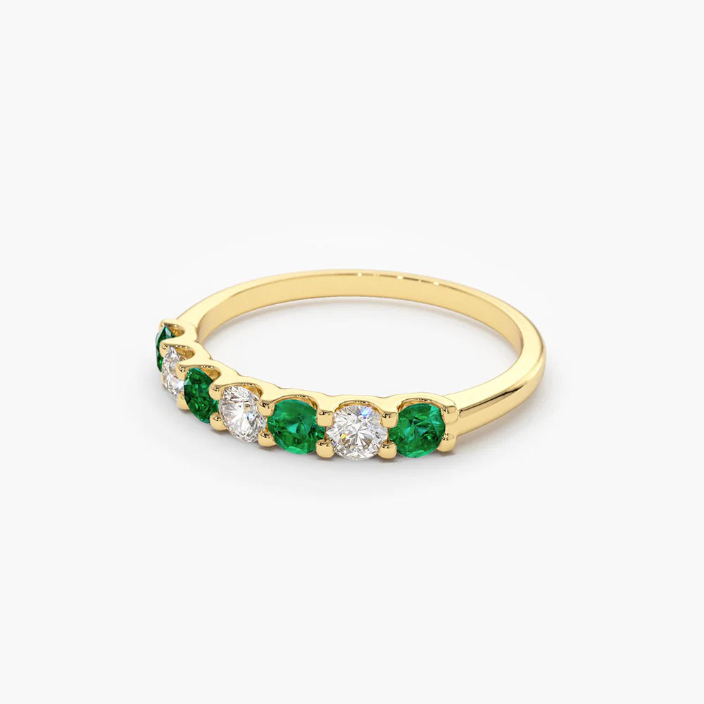 Solid Gold Alternating Emerald and Diamond Wedding Band