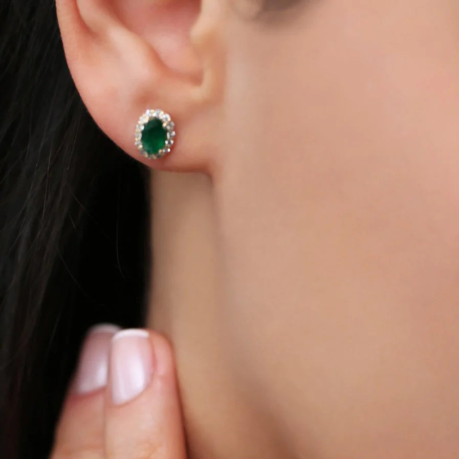 Solid Gold Oval Cut Emerald & Lab-Grown Diamond Earrings