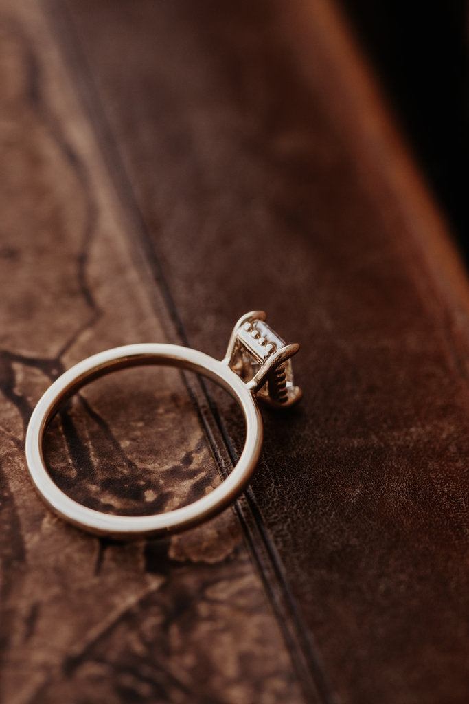 Solid Gold Emerald Cut Lab-Grown Diamond Beaded Head Solitaire Ring