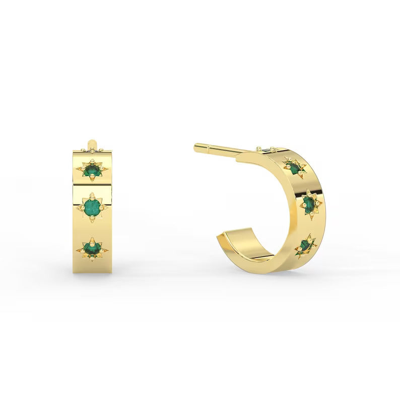 Solid Gold 1.5 MM wide Hoop Natural Emerald earrings