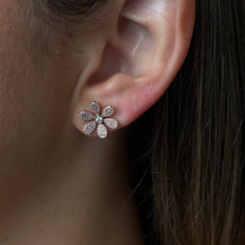 18K Solid Gold Diamond Flower Earring - Style A