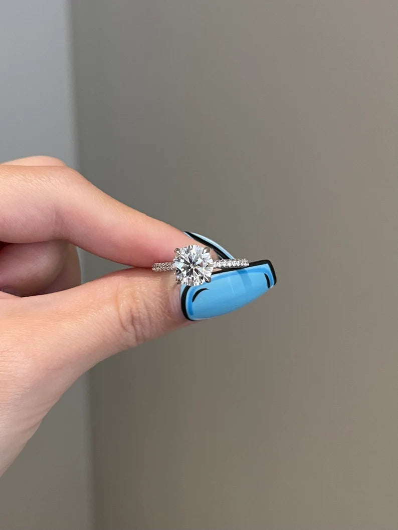 Solid Gold 2 Carat Brilliant Round Moissanite Engagement Diamond Ring