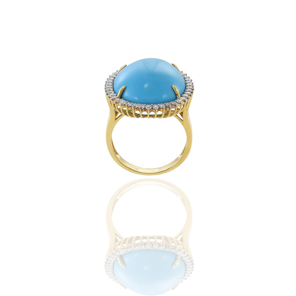 Solid Gold Natural Sleeping Beauty Turquoise Ring with Diamonds - (666EF9)