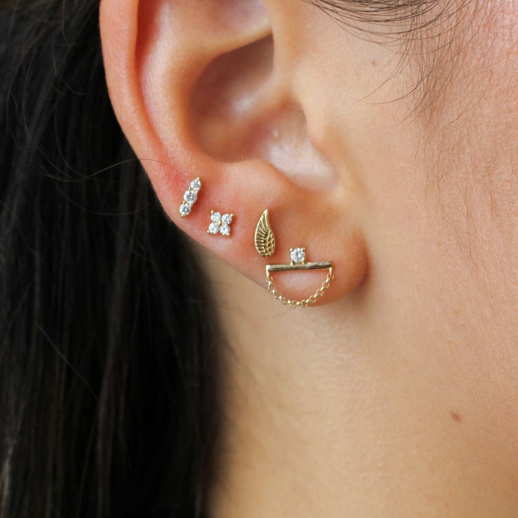 Solid Gold Mini Square Diamond Bar Chain Link Stud Earrings