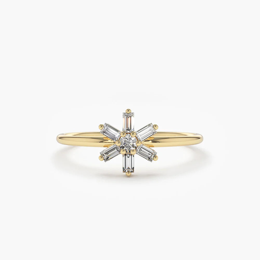 Solid Gold Baguette Diamond Flower Ring