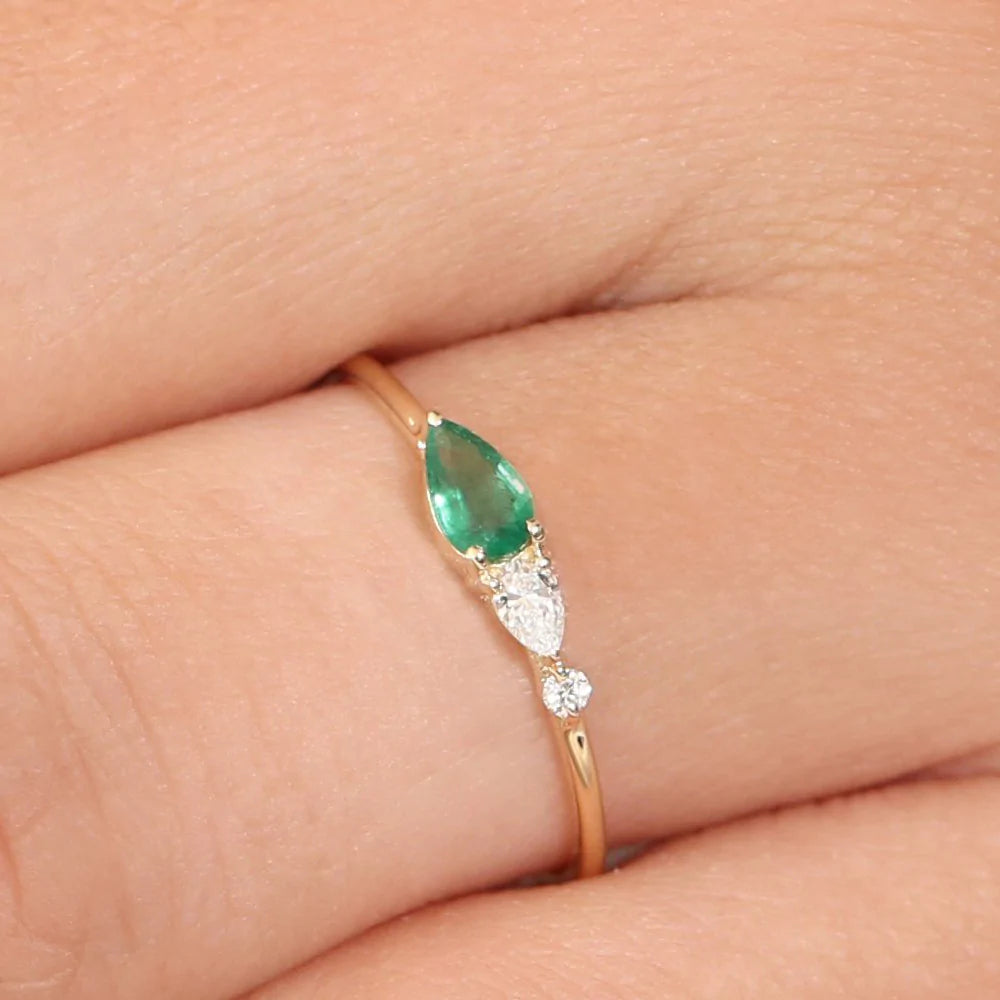 Solid Gold Pear Shape Emerald and Diamond ring