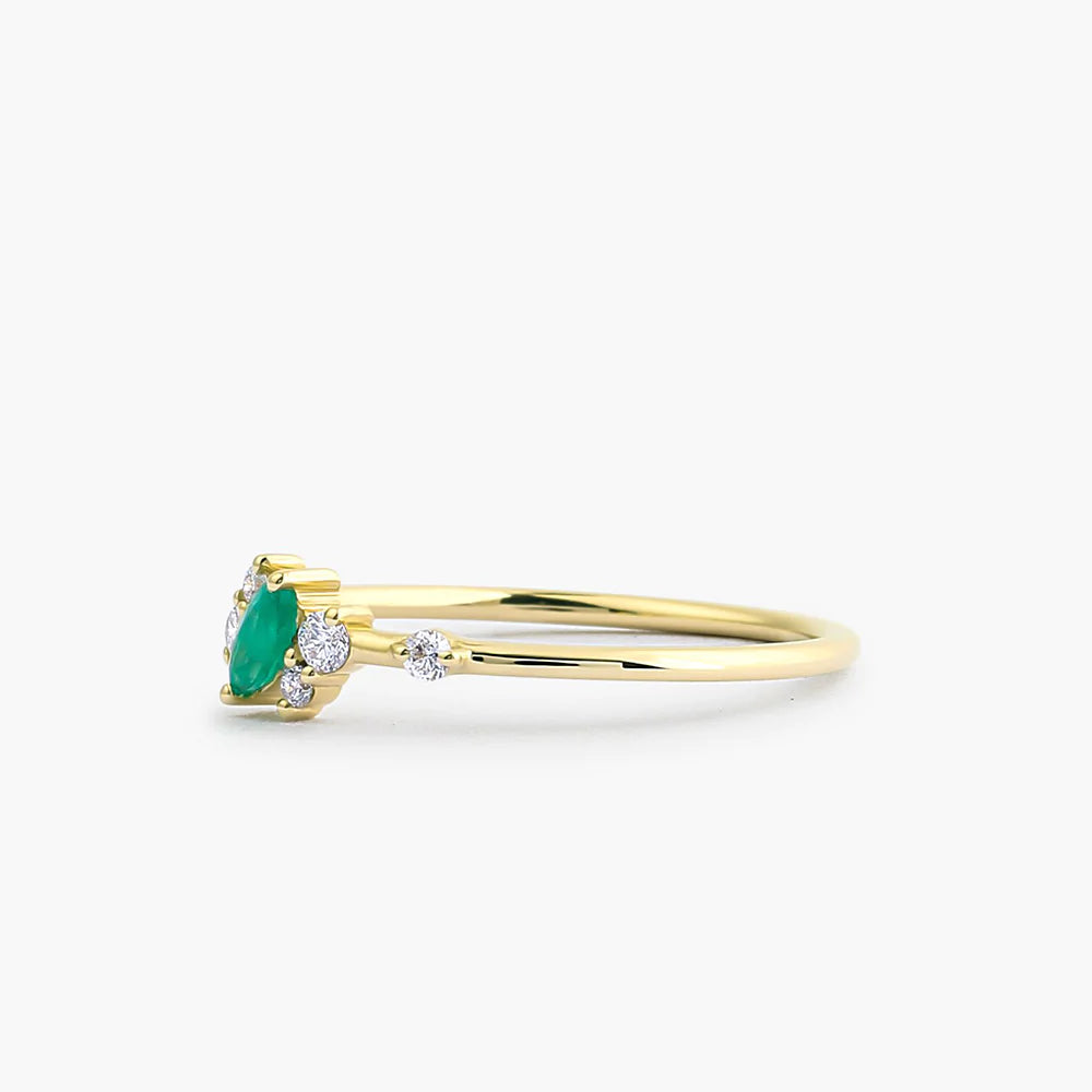 Solid Gold Slanted Marquise Emerald and Diamond Ring