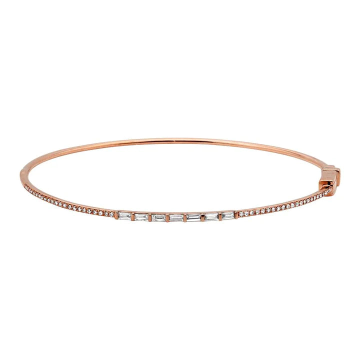 Solid Gold Thin Pave And Baguette Diamond Bangle