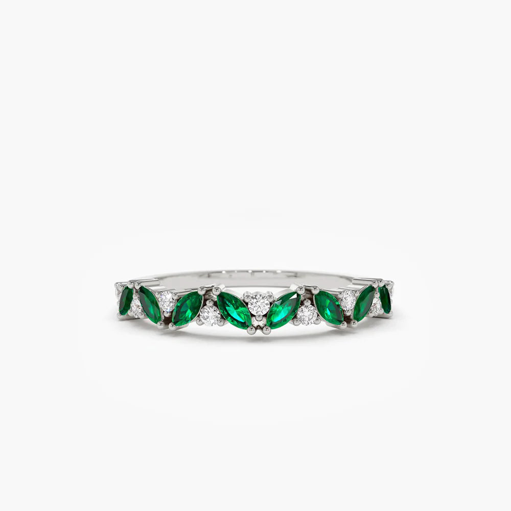 Solid Gold Slanted Emerald and Round Diamond Ring