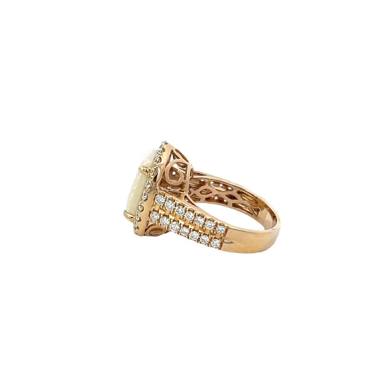 Solid Gold Round Cut Diamond And Oval Opal Center Ring