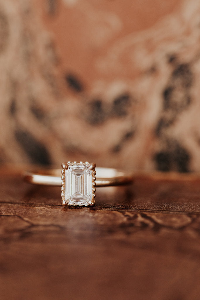 Solid Gold Emerald Cut Lab-Grown Diamond Beaded Head Solitaire Ring