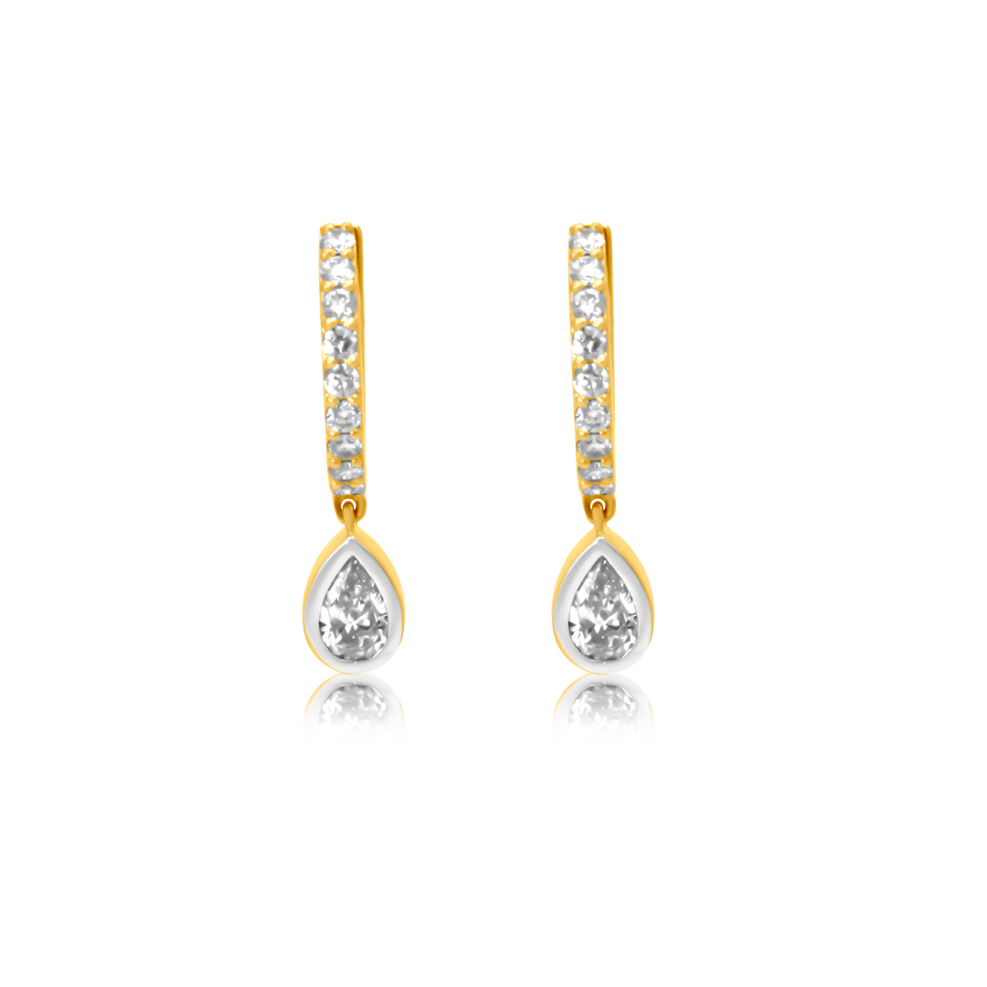 Solid Gold Diamond Bezel Pear Drop Hoop Earring