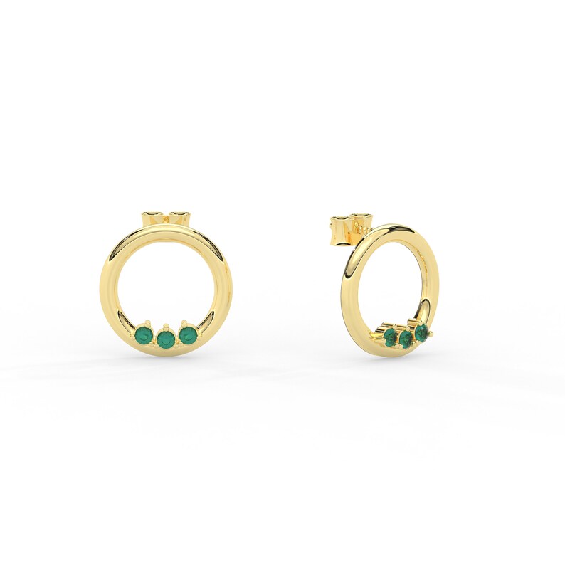 Solid Gold Open Circle Natural Emerald Earrings (E18AF4)