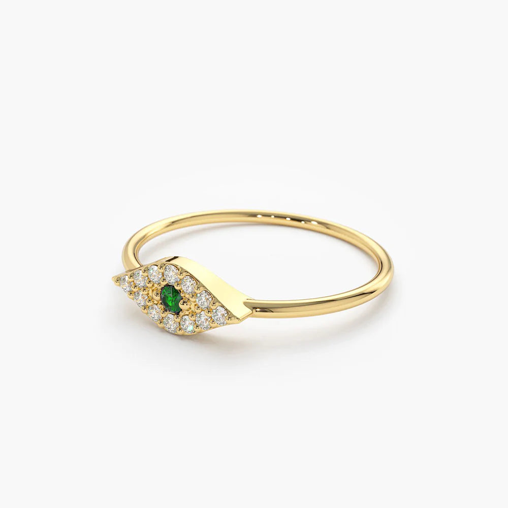 Solid Gold Diamond and Emerald Evil Eye Ring