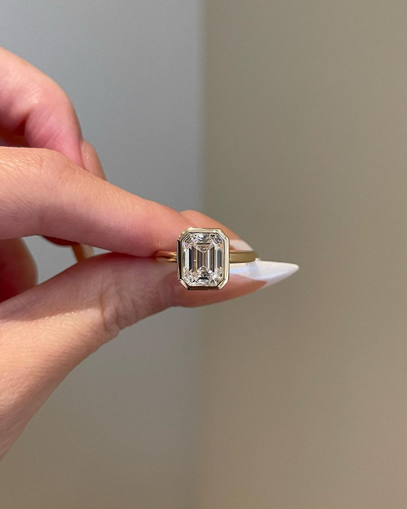 Solid Gold Engagement Ring 3 Carat Bezel Setting Emerald Cut Moissanite
