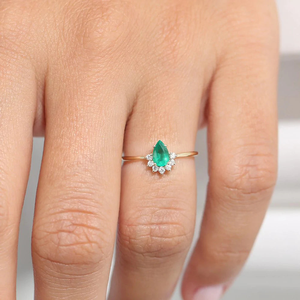 Solid Gold Pear Shape Emerald Engagement Ring