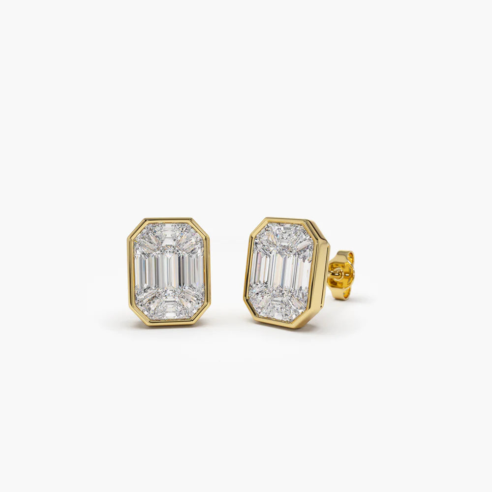 Solid Gold Illusion Setting Step Cut Moissanite Diamond Studs