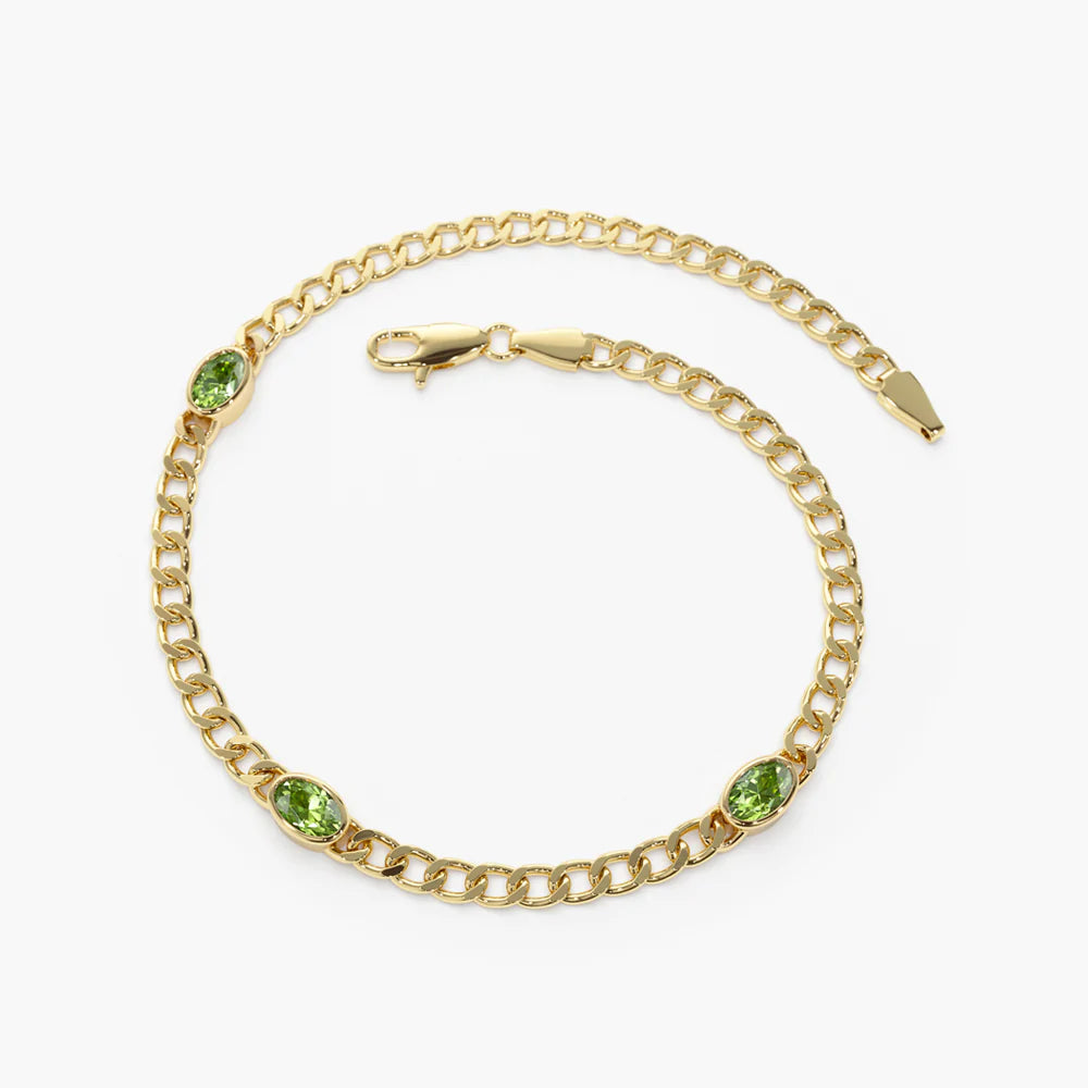 Solid Gold Cuban Link Bracelet Bezel Setting Peridot Bracelet