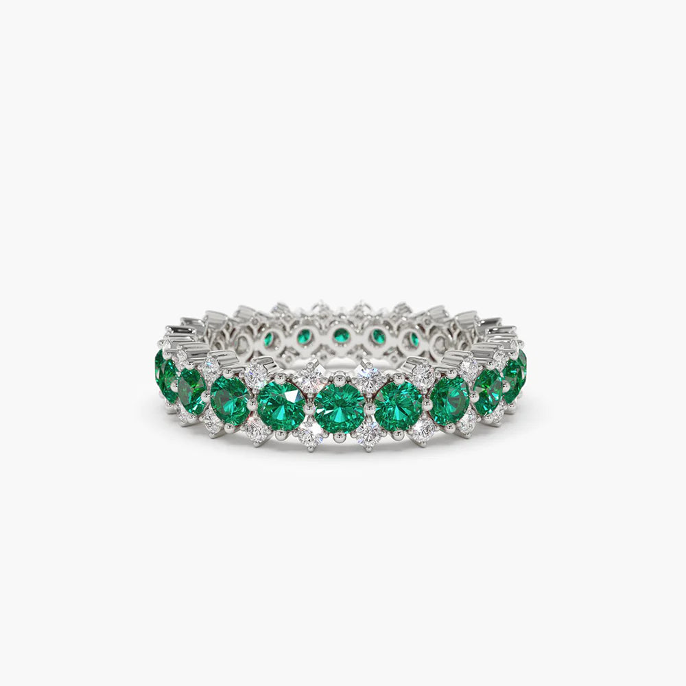 Solid Gold Full Eternity Round Emerald and Diamond Anniversary Ring - (3D421E)