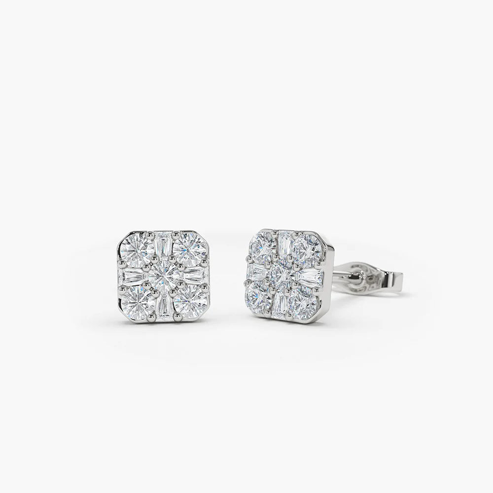Solid Gold 2 CT Square Baguette and Round Lab-Grown Diamond Earrings