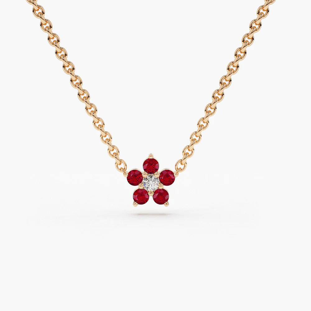 Solid Gold Ruby and Diamond Flower Charm Necklace