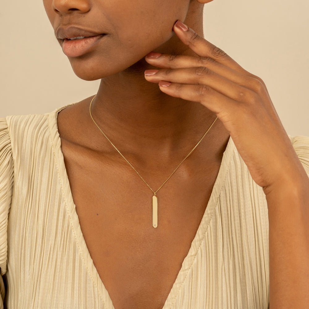Solid Gold Diamond Vertical Tag Necklace (718FC2)