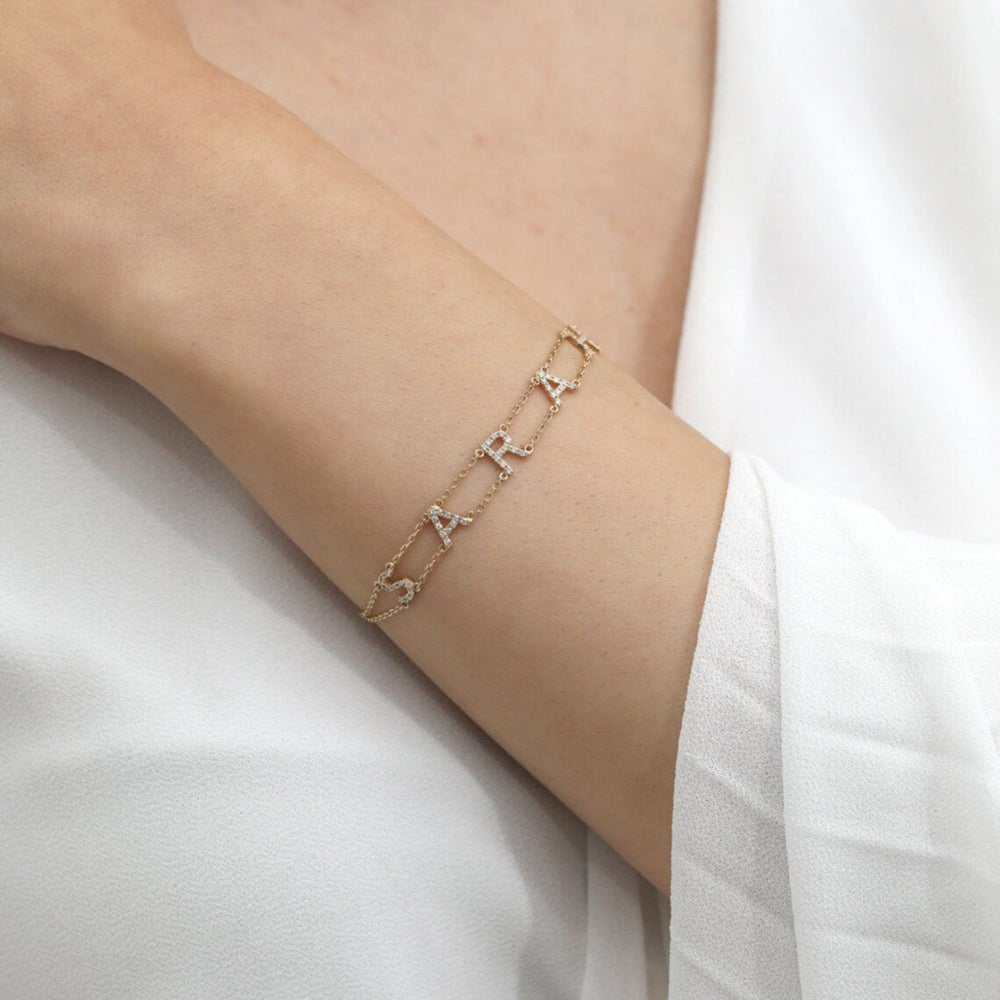 18K Solid Gold Custom Name Double Chain Bracelet - Style B
