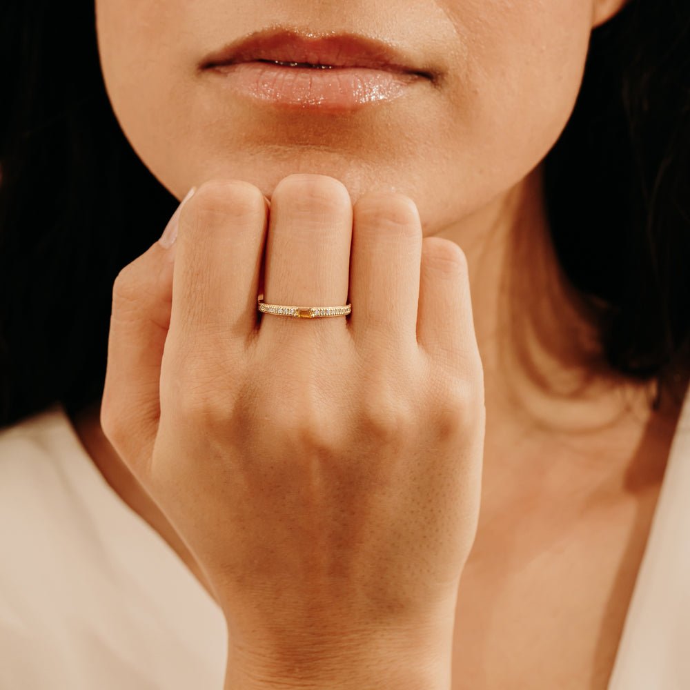 18K Solid Gold Diamond and Baguette Citrine Ring