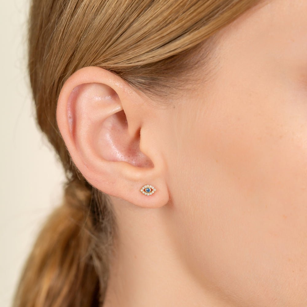 Solid Gold Mini Diamond Sapphire Evil Eye Studs